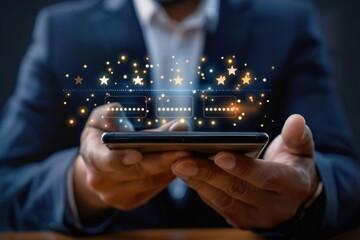 close-up of a person in a suit holding a smartphone with glowing digital password input boxes and floating stars and sparkles above it, symbolizing security and technology