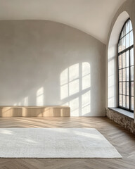 Interior of a minimalist room with large windows and natural light at noon