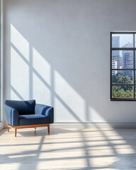 Modern blue chair by window with city view showcasing natural light and shadows
