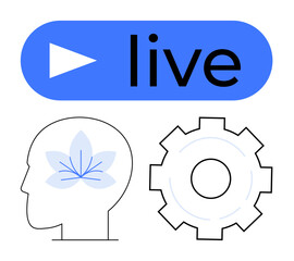 Play icon with live text, outlined head with flower, gear shape for problem-solving. Ideal for technology, wellness, innovation, creativity, education, productivity simple landing page