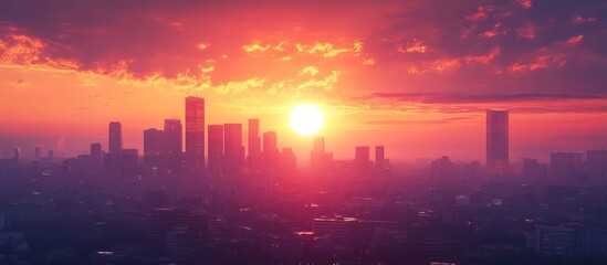 Cityscape sunset, hazy sky, urban backdrop