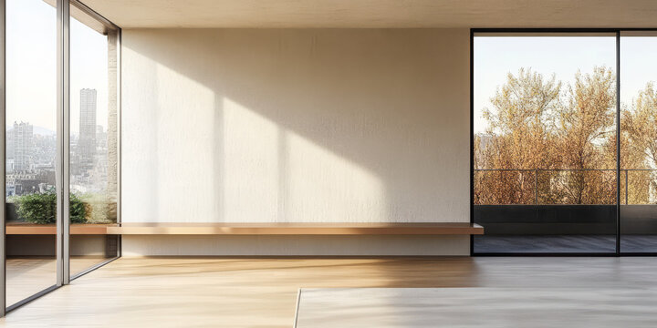 Modern interior design featuring large windows and natural light in a city apartment
