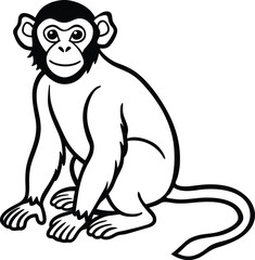 Adorable black and white cartoon monkey drawing, ideal for coloring books, children’s education, and animal themed projects.