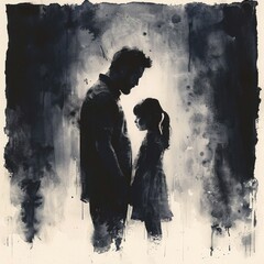 silhouetted man and young girl facing each other and holding hands in a moody, dark, watercolor background expressing deep connection and tenderness