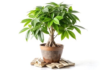 Would you like a shorter version as well?, Close up of a money tree plant in a brown pot with a white background in a studio setting