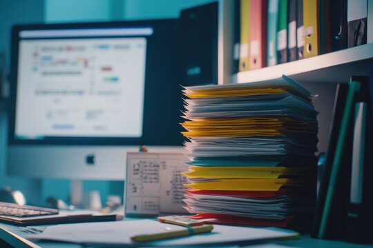 Workspace desk with stacks of documents, computer monitor displaying project plans, office supplies scattered, productivity, organization tips for business professionals.