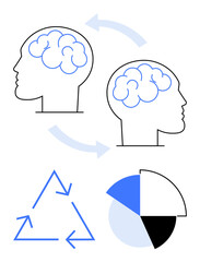 Two brains in profiles connected by arrows for idea flow. Blue recycling triangle and pie chart representing collaboration and growth. Ideal for communication, teamwork, creativity, data