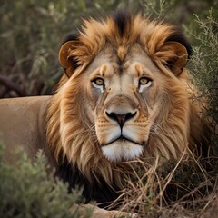 Fototapeta premium Potrait of wise Lion resting its body in the bush AI Generated Image
