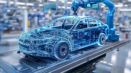 Obraz premium Automated car assembly line with robotic arm and transparent vehicle model
