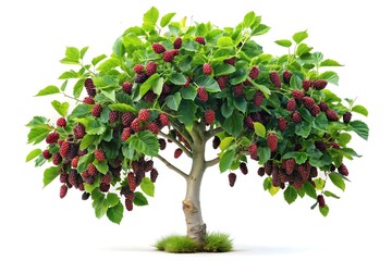 Would you like a shorter version as well?, A small tree with green leaves and red and black berries against a white background in a studio shot