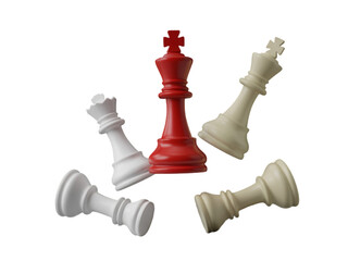 A red chess king standing among fallen white chess pieces on a black background in a studio shot