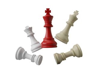 A red chess king standing among fallen white chess pieces on a black background in a studio shot
