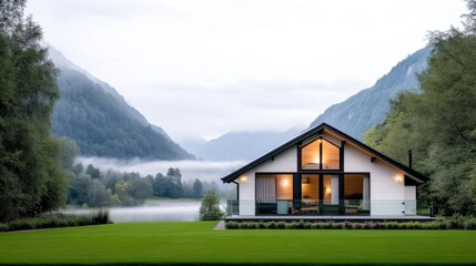 Modern chalet by a misty lake