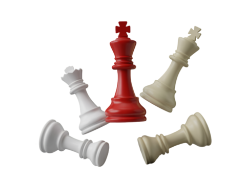 A red chess king standing among fallen white chess pieces on a black background in a studio shot