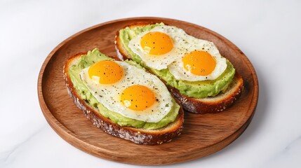 Delicious Avocado Toast with Fried Eggs on Wooden Plate