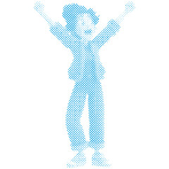 A woman with hands fist both hands up for campaign awareness in cartoon modern retro halftone