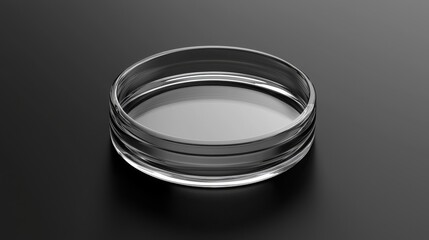 A clear glass petri dish placed on a dark surface for laboratory use and experiments.