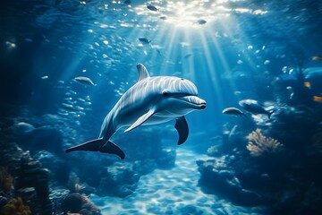 Obraz premium A dolphin swimming in the ocean surrounded by fish and coral reefs with sun rays shining through water