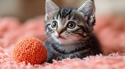 Naklejka premium Adorable Kitten Playing with Yarn Ball on Pink Blanket
