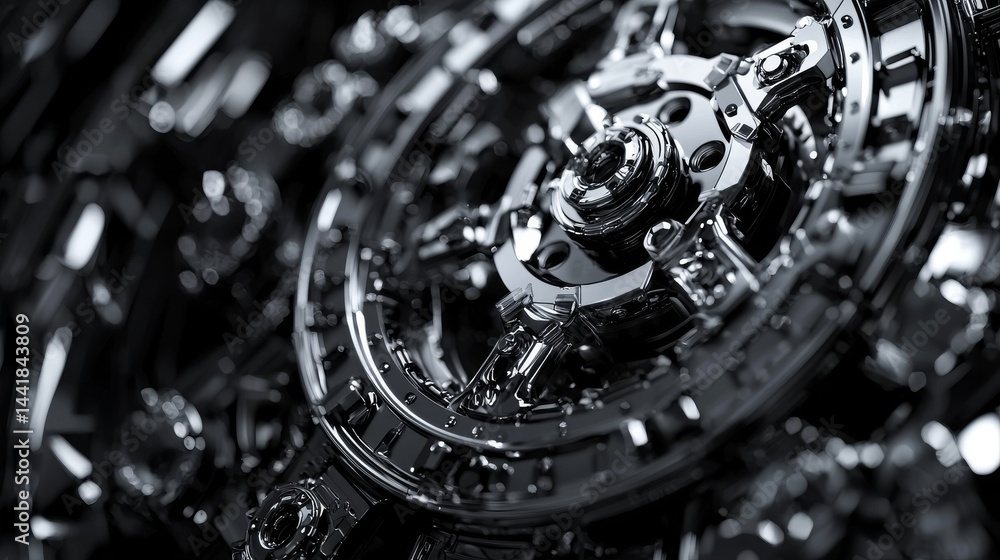 Poster a close-up view of intricate mechanical components in dark metallic tones.