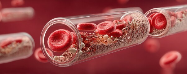 3D medical visualization showing red blood cells and cholesterol buildup inside a blood vessel, illustrating circulation issues and cardiovascular risks.
