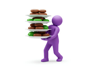 purple 3d character carrying stack of plates icon