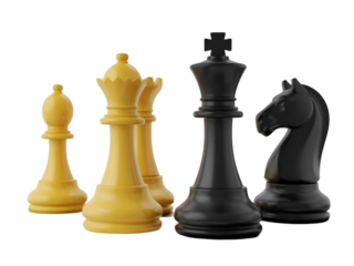 Close up shot of yellow bishop queen and rook with black king and knight on a black background