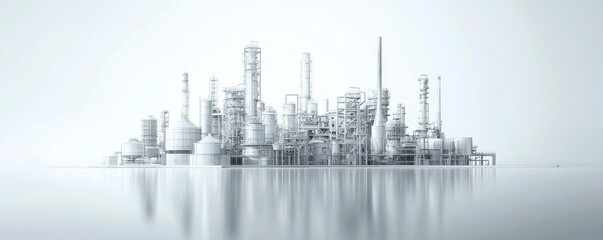 Fototapeta premium A large industrial complex with towering structures reflecting on calm waters.