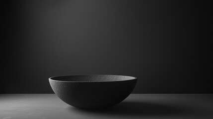 A minimalist black bowl on a smooth surface against a dark background.