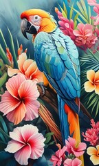 Fototapeta premium Tropical nature illustration of a colorful macaw parrot bird , isolated on a branch
