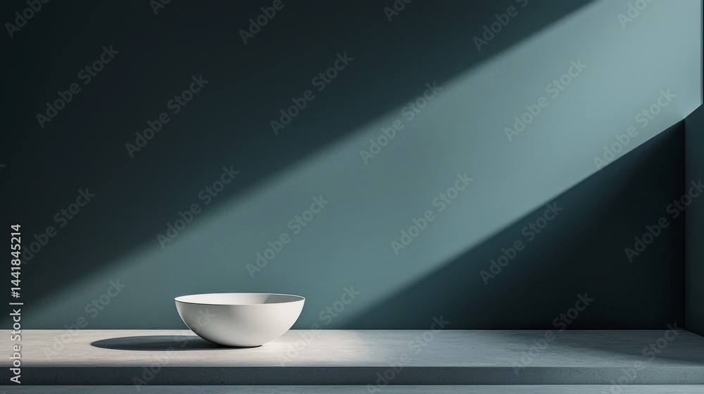 Poster a minimalist bowl resting on a table, illuminated by soft light and shadows.