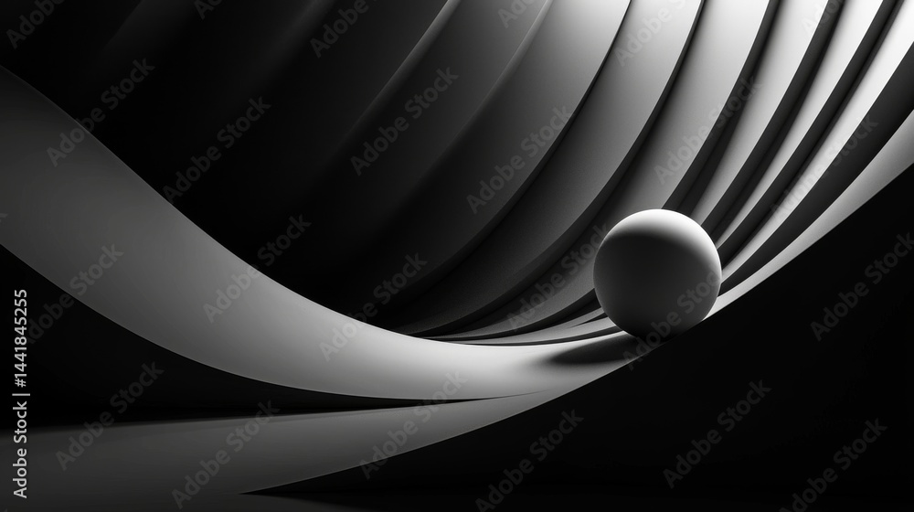 Poster a minimalist composition of curved lines and a spherical object in monochrome tones.