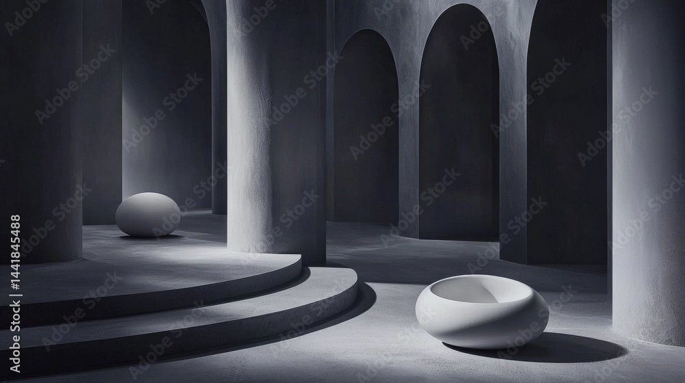 Poster a minimalist interior showcasing smooth forms and curved lines in a modern space.