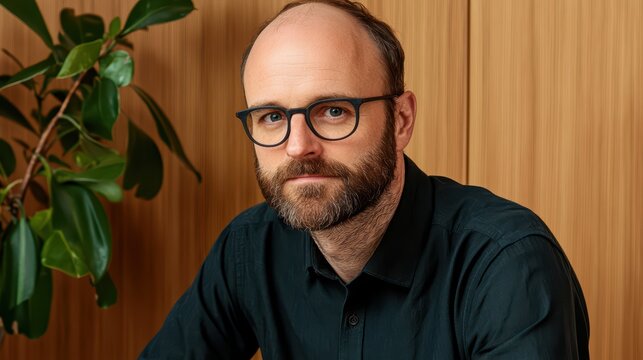 Professional Man with Glasses Posing in Modern Workspace Environment