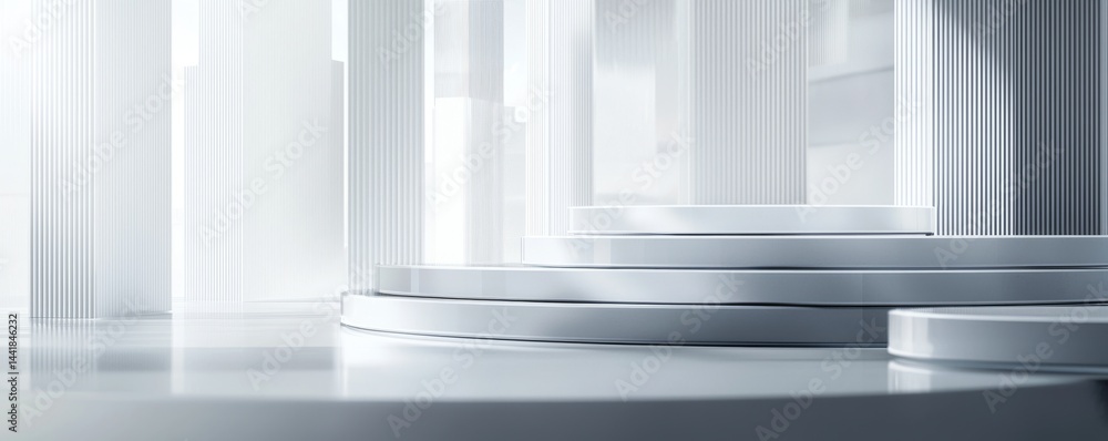 Poster a modern, minimalistic interior with steps and columns illuminated by soft light.