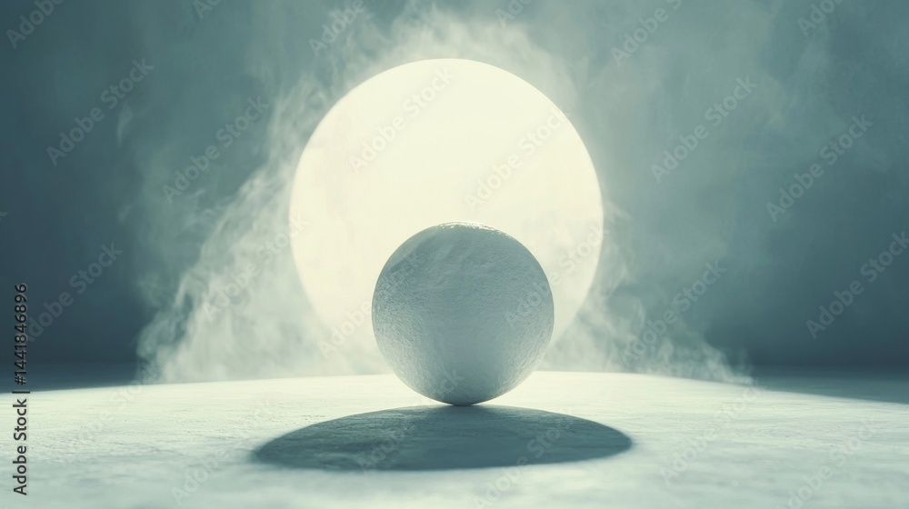 Poster a serene composition with a sphere and glowing orb surrounded by mist.