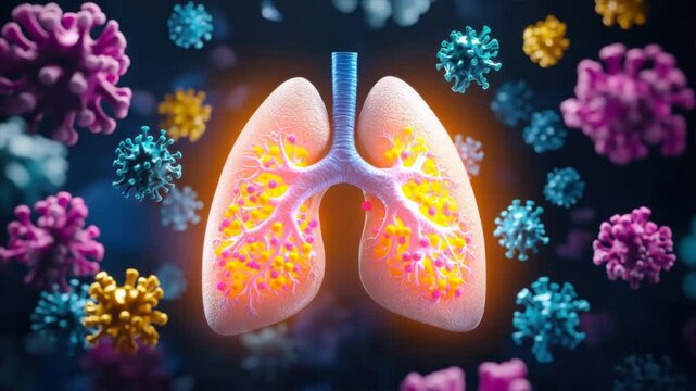 A detailed illustration of human lungs surrounded by various viruses, highlighting respiratory health and diseases.