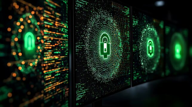 Digital Security Concept with Green Lock Symbols on Monitors