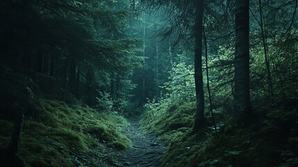 Obraz premium Dark mysterious forest path green lush trees nature deep calm wild woods trail mossy light image