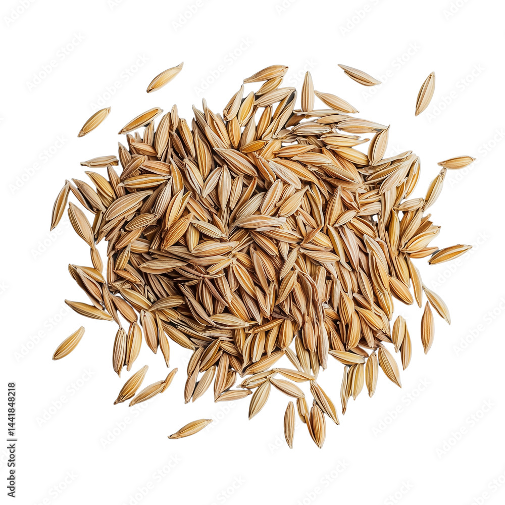 Poster a close-up of a pile of canary seeds showcasing their unique texture and shape. isolated on white ba