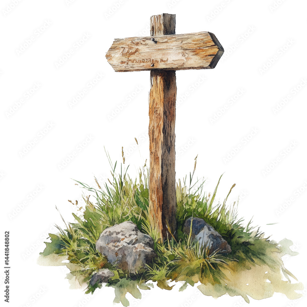 Aufkleber rustic wooden direction marker surrounded by verdant foliage, creating a tranquil outdoor scene with