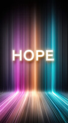 The word "HOPE" glows in bold white letters over vibrant vertical light streaks in purple, orange, and blue, creating an uplifting and futuristic atmosphere