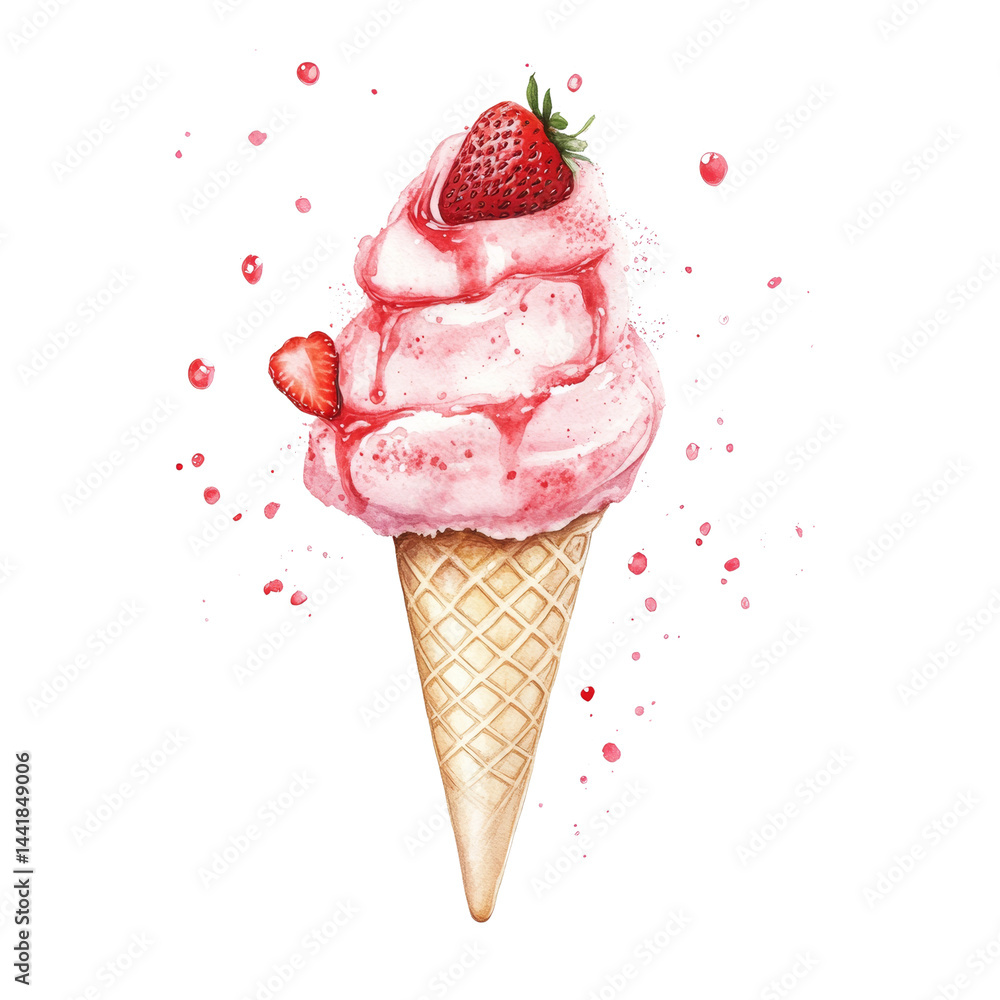 Poster Watercolor Strawberry Delight A Creamy Cone Creation on a Clean Isolated Canvas