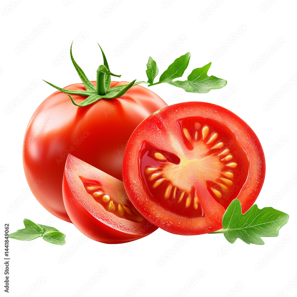 Poster vibrant red tomatoes, sliced and whole, creating a fresh culinary composition on pure backdrop