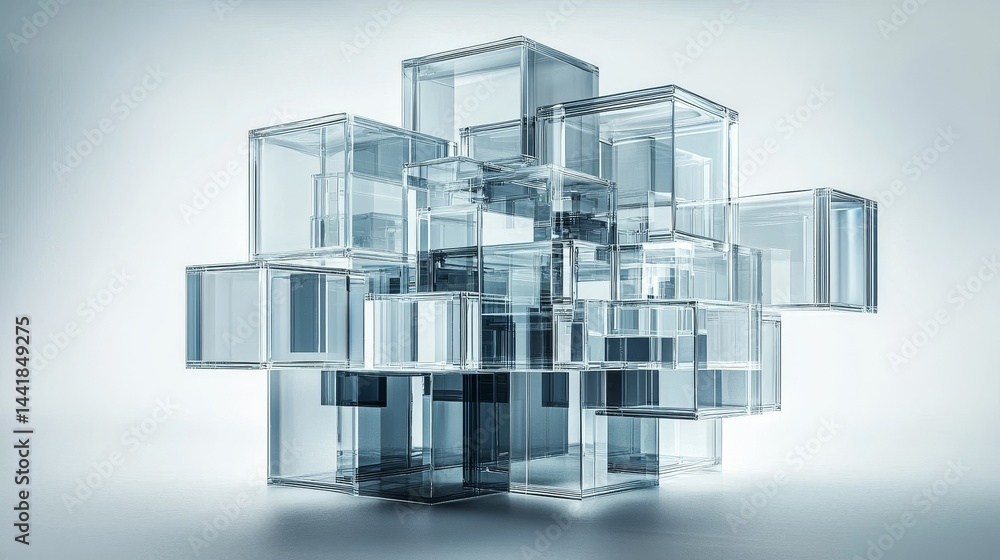 Poster abstract 3d glass cubes forming a captivating artistic structure with reflections.