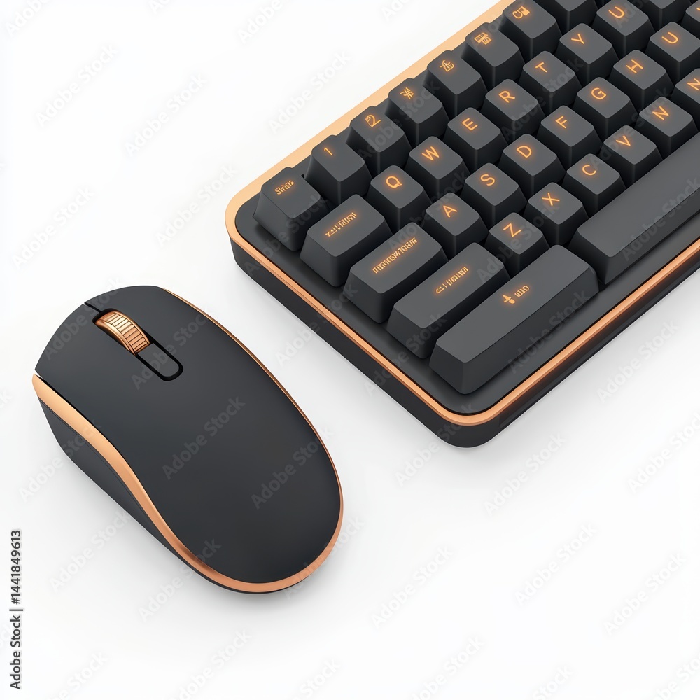 Poster sleek black and gold computer keyboard and mouse setup design