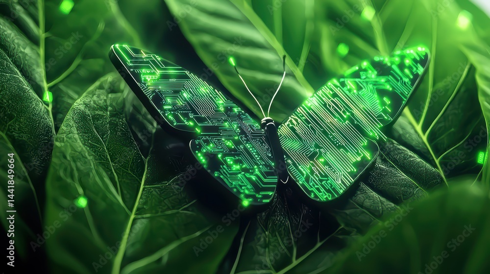 Aufkleber digital butterfly design on green leaves with circuit patterns