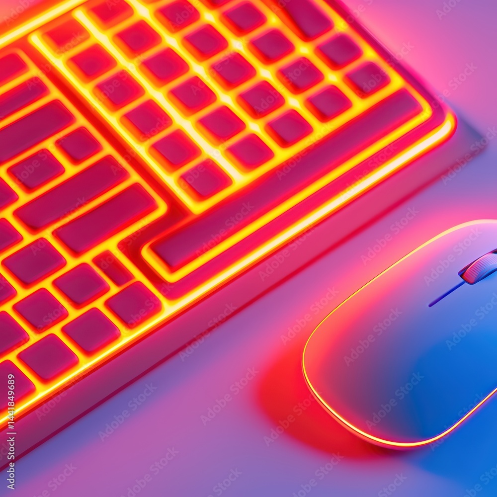 Poster futuristic keyboard and mouse with neon glow in digital setting