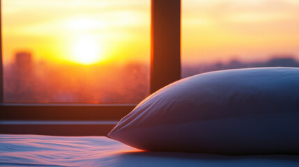 Obraz premium cozy bedroom setting with soft pillow and beautiful sunset view through window, creating warm atmosphere