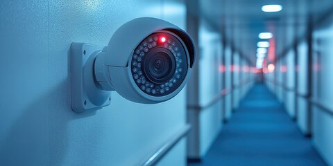 Security camera mounted in a hallway.